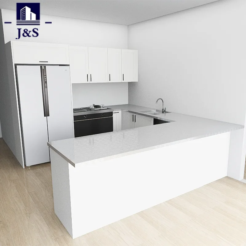 Cocina estilo shaker de PVC blanco con tapa de acero inoxidable