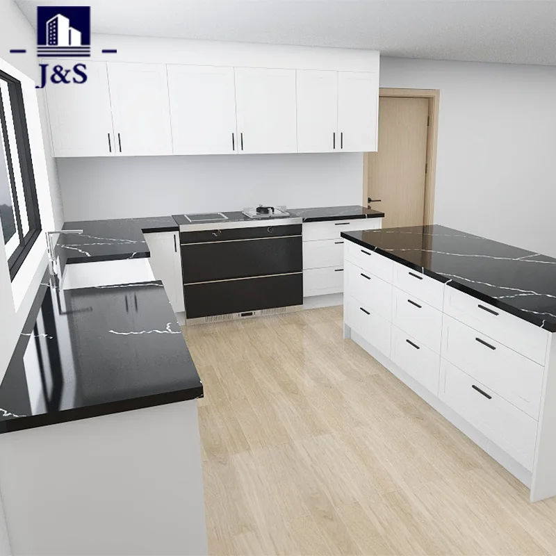 Cocina estilo shaker blanca con encimeras de piedra negra